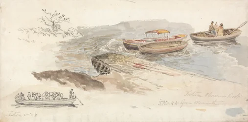 A Canopied Boat and Two Rowing Boats at a Jetty; Inset Left, a Pencil Study of the Tintern Livestock